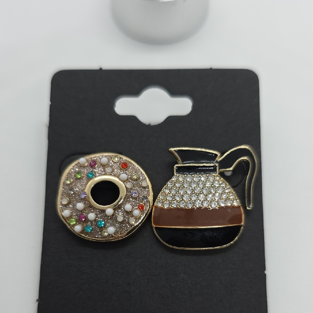Gold and Black Coffee Pot and Donut Earrings